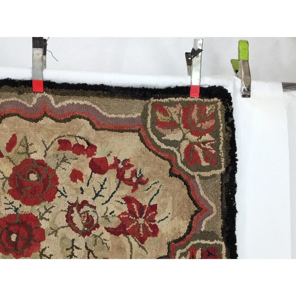 Vintage Hand Hooked Rug 24x37 Primitive Red Gold Floral Pattern Cottagecore